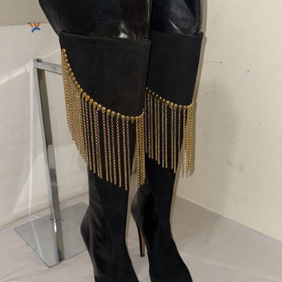 36/6❤️ITALY Francesco Sacco Leather Over Knee High Heels Tall Gold Chain Boots - Picture 9 of 10